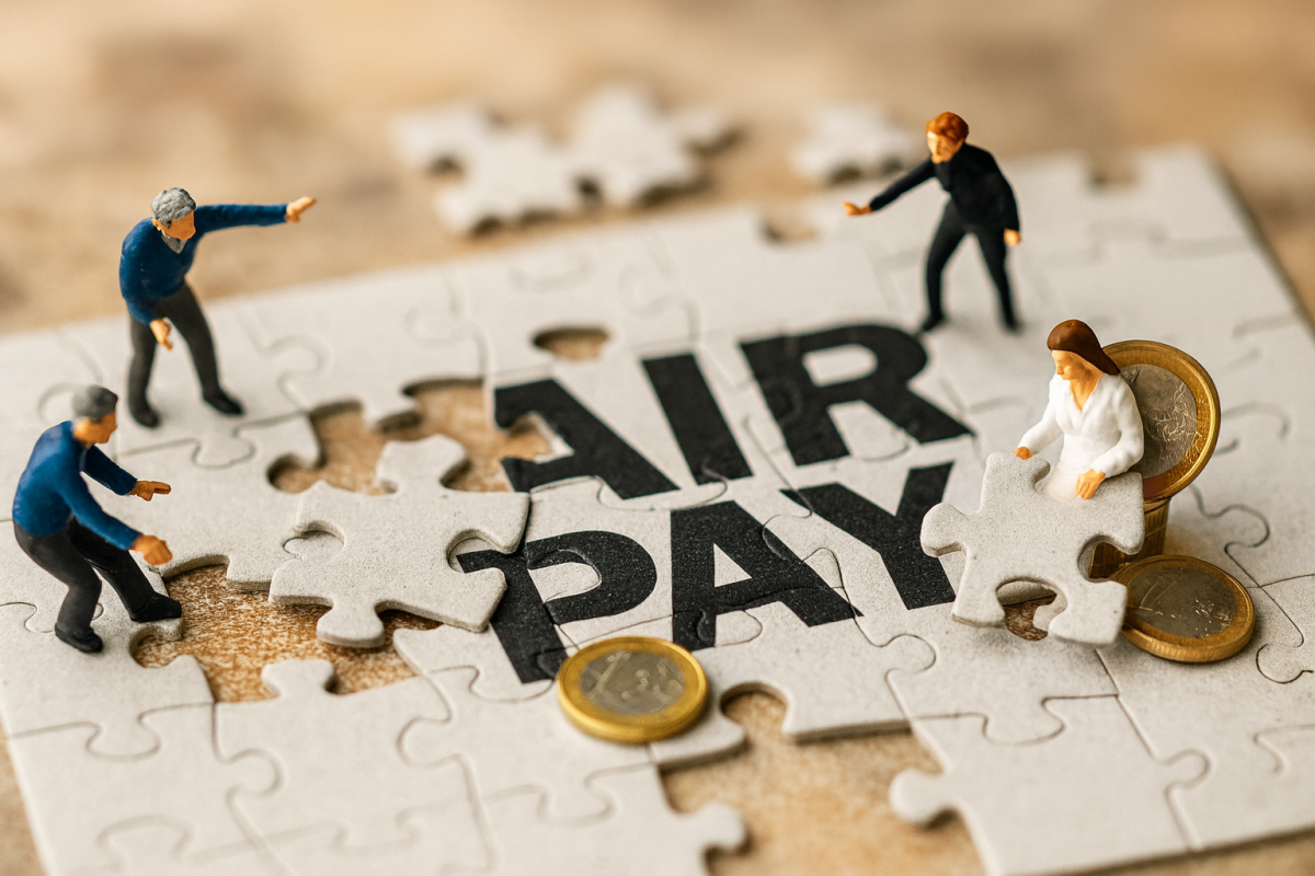 Um Fair Pay zu realisieren, fehlen wesentliche Teile - ein unvollständiges Puzzle, bei dem aus "Fair Pay" "Air Pay" wird verdeutlicht dies., Erstellt mit Unterstützung von ChatGPT; 