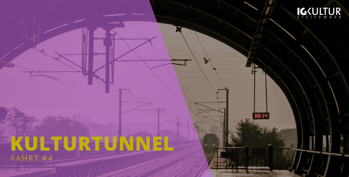 Stilisierte Darstellung eines Tunnels mit dem pink-goldenen Kulturtunnel-Logo darüber.